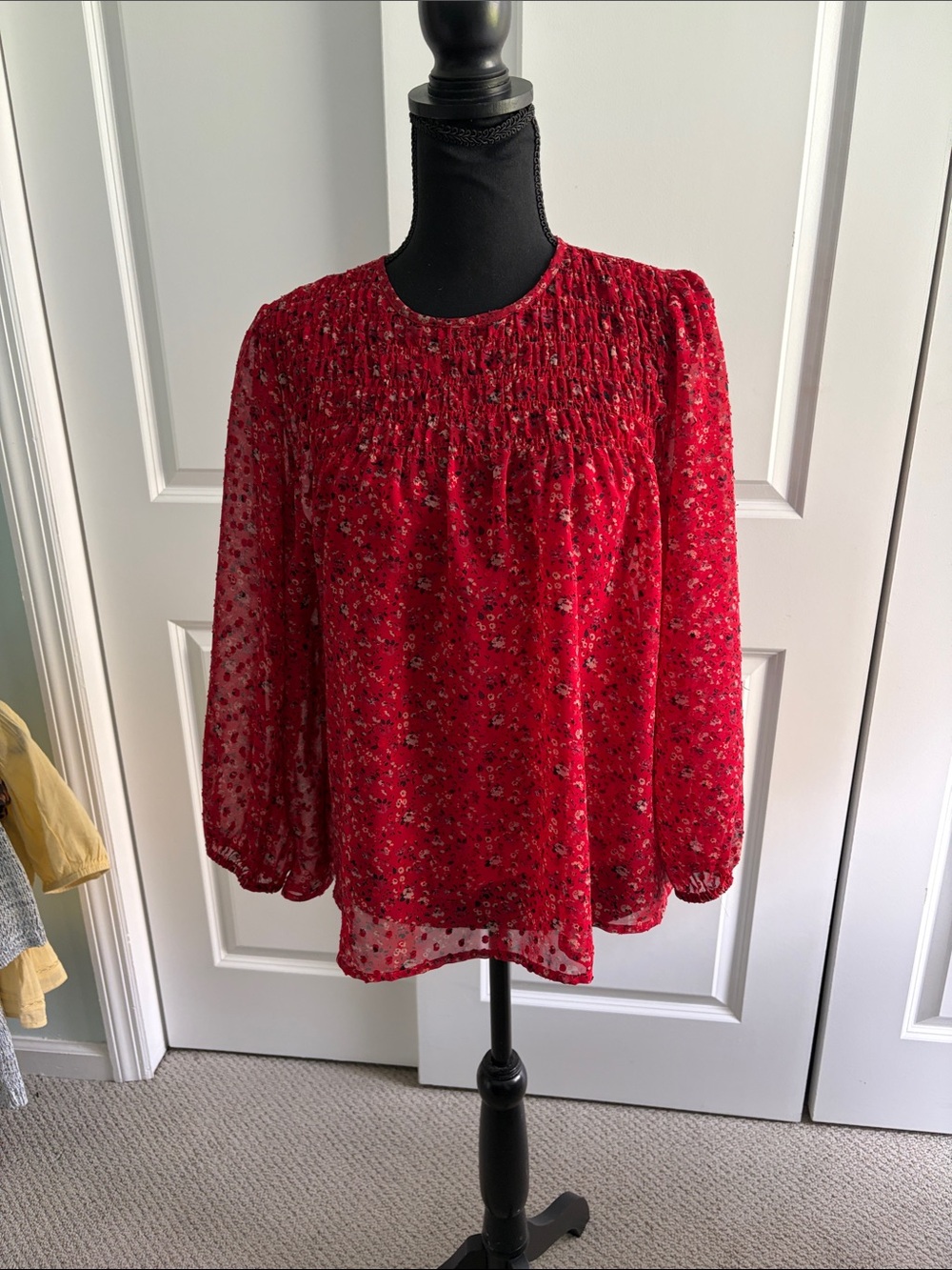 Lucky Brand Red Floral Smocked Neck Blouse